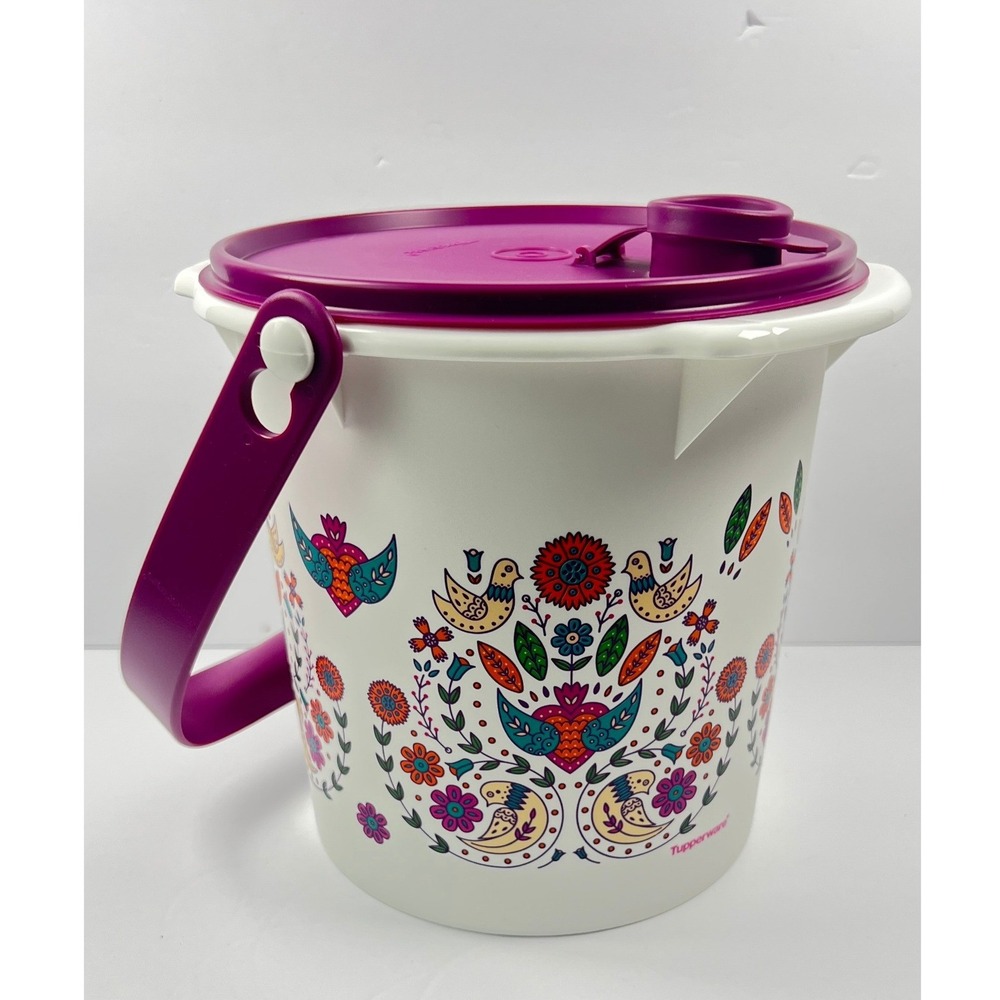 Tupperware Easy Go Bucket 5L With Pour Spout Handle Floral and Bird Purple‎